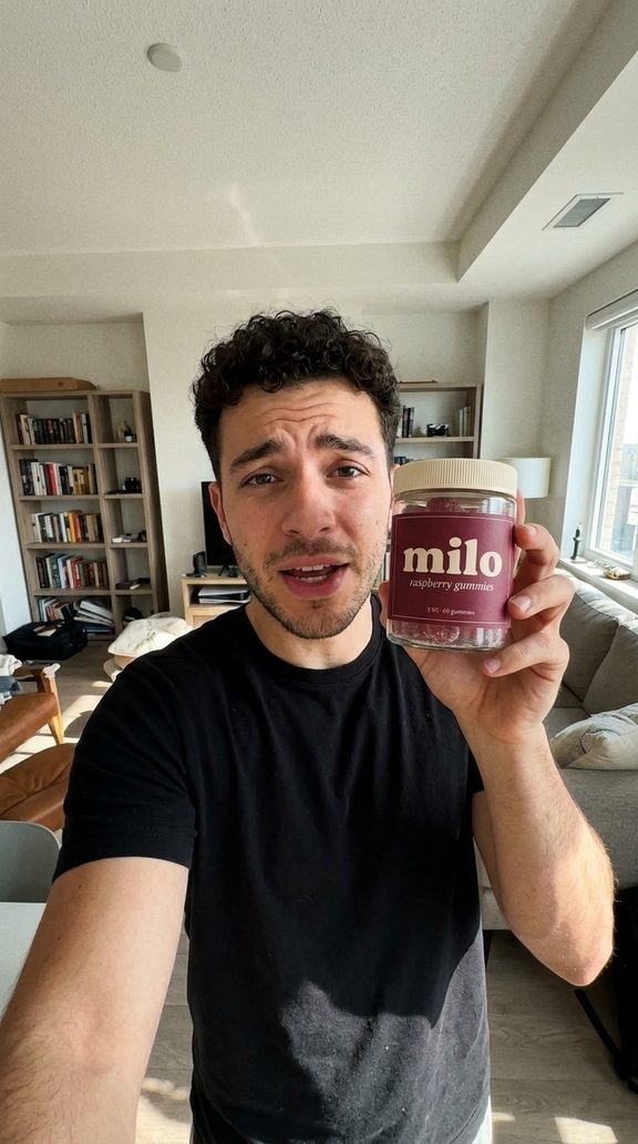 AI actor: a young man holding the milo jar in a living room