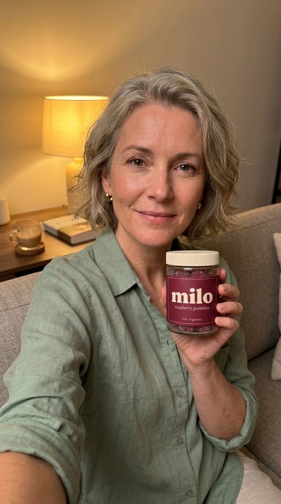 AI actor: a woman in her 40s holding the milo jar on a sofa in the evening